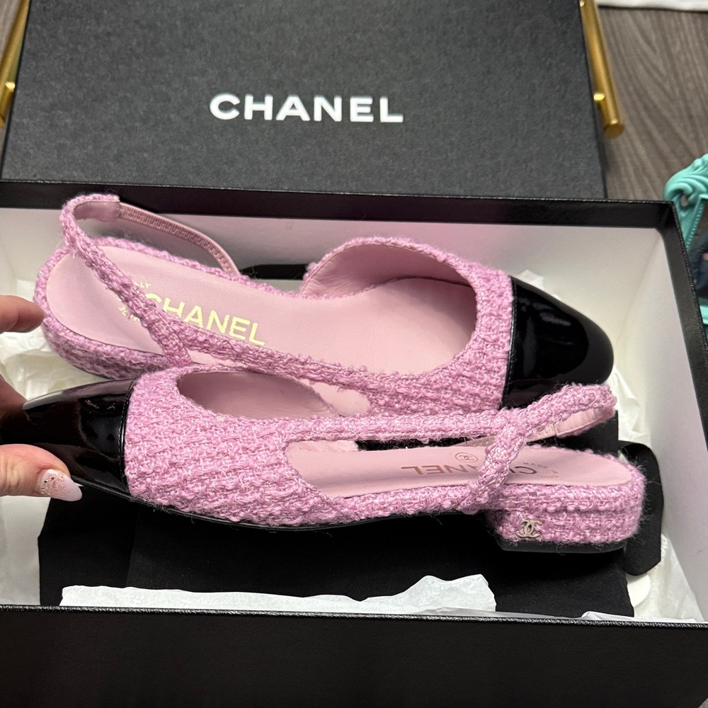 Chanel Pink Tweed Flats with Black Cap Toe